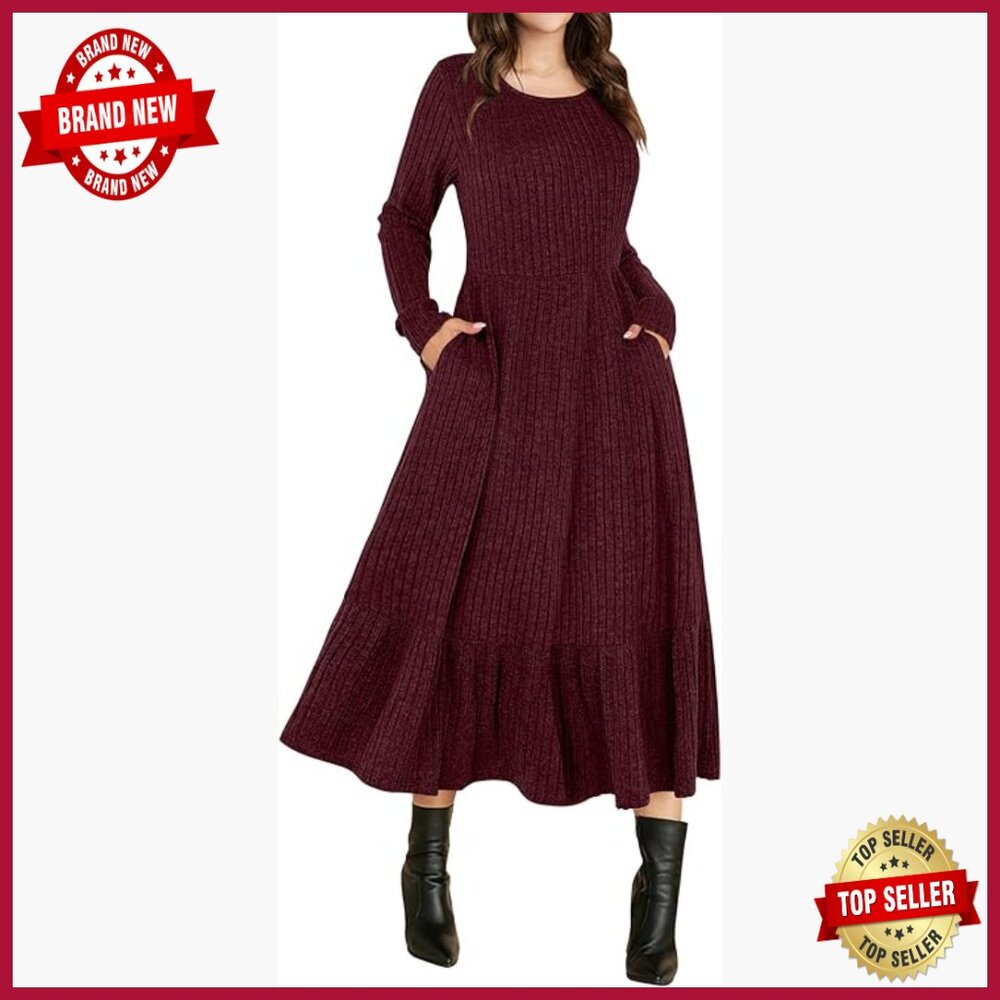 Long Sleeve Midi Dress Rib Knit Crew Neck A Line Pocket Casual